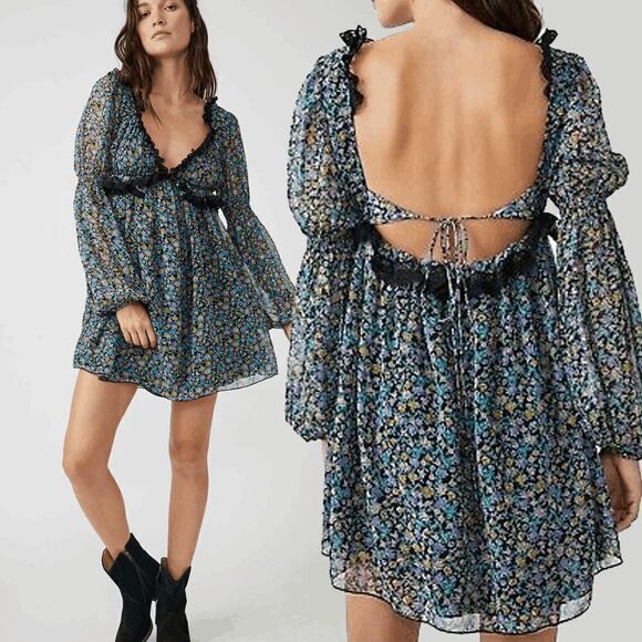 Free People Pennie Floral Print Ruffle Long Sleeve Minidress - Blue - Picture 1 of 2